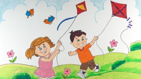 Мультяшные дети с воздушным змеем