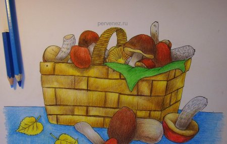 Рисование корзина с грибами