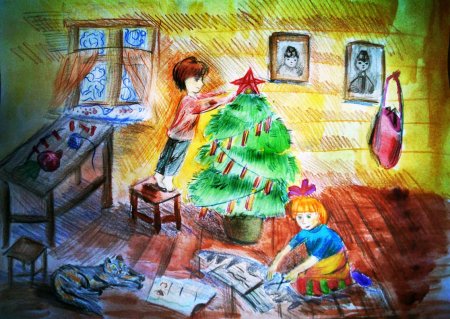 Детский рисунок на тему елка Победы