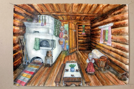 Рисунок русской избы внутри