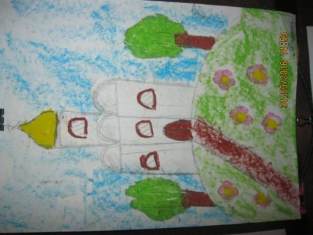 Рисунок поле с колосками Церковка на Горке рядом с облаками