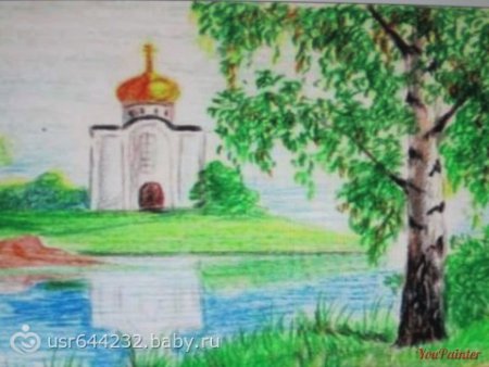 Рисунок Церковка на Горке рядом с облаками