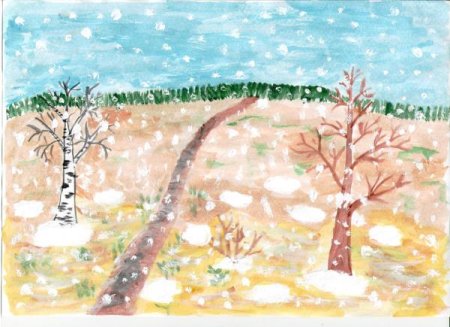 Зимний пейзаж детские рисунки