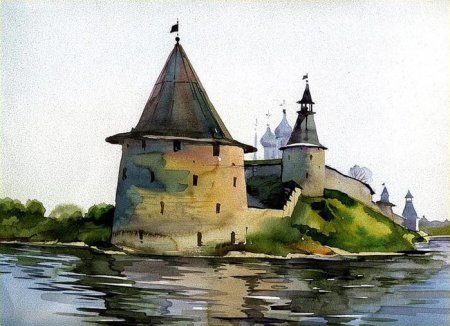 Гремячая башня Псков акварелью