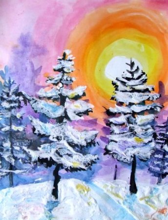 Зимний пейзаж цветными карандашами