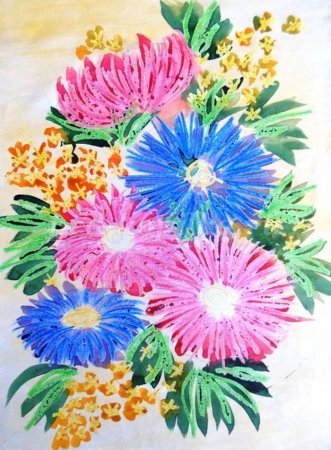 Акварель и восковые мелки осенние цветы