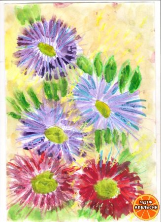 Астры акварель + восковые мелки