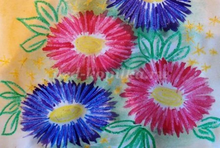Рисование цветов восковыми мелками и акварелью