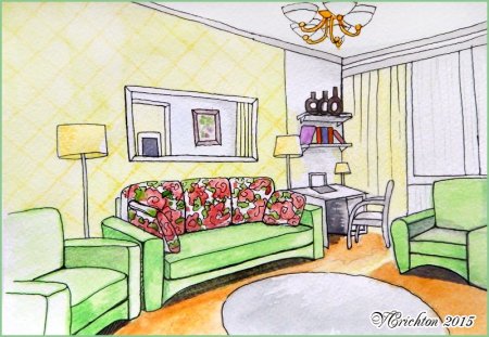 Интерьер комнаты в цвете рисунок