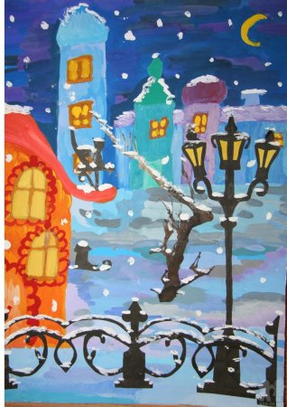 Зимний город гуашью