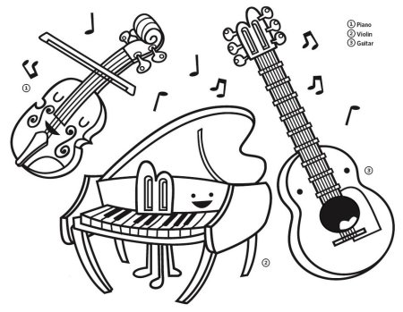 Книжка-раскраска для детей, игра образования: музыкальные инструменты (гитара)