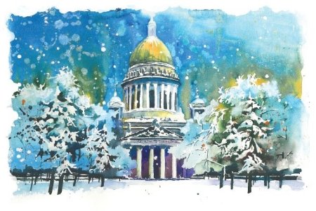 Исаакиевский собор в Санкт-Петербурге зимой акварель