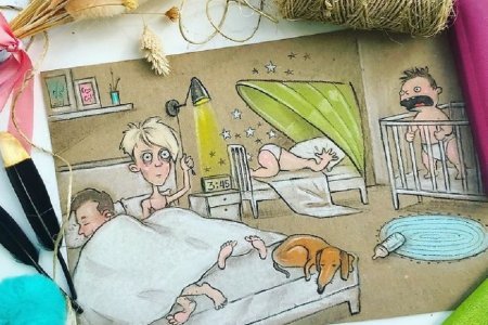 Карикатура мама и двое детей