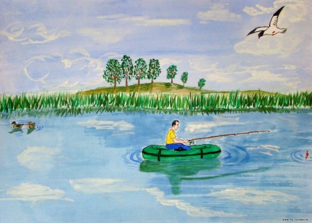 Пейзаж с рекой гуашью