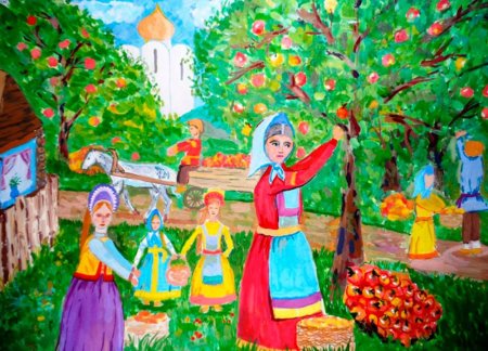 Рисунки празднования яблочного Спаса для детей