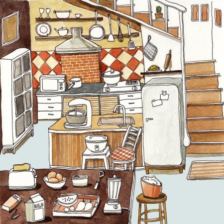 Нарисовать кухню с мебелью