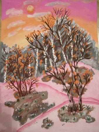 Весенний пейзаж цветными карандашами