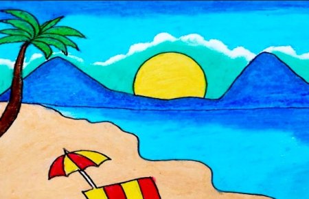 Нарисовать горы и море ребенку