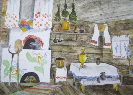 Рисование интерьер избы