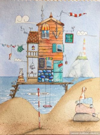 Домик у моря акварель