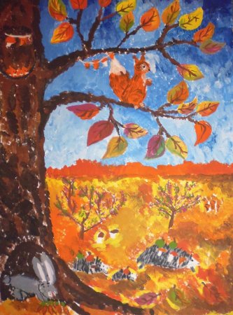 Осенний пейзаж рисунок детский на столе