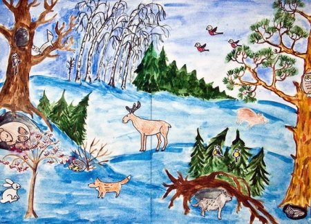 Рисование звери в зимнем лесу