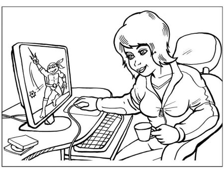 Раскраска женщина за компьютером