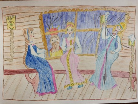 Три девицы под окном пряли поздно вечерком рисунок