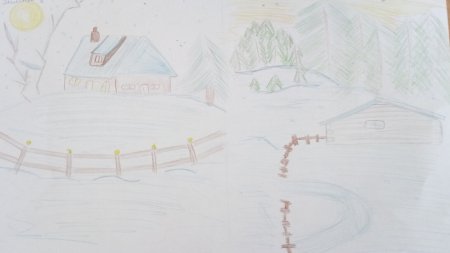 Деревня зимой гуашью