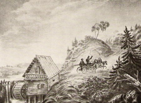 Лермонтова – «пейзаж с мельницей и скачущей тройкой (1835-1836);