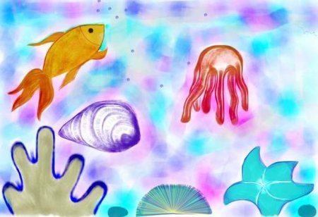 Подводный мир восковыми мелками и акварелью