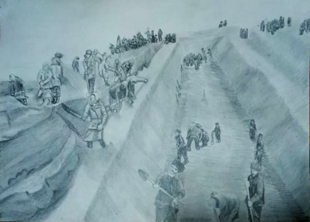 Строители Сурского и Казанского оборонительного рубежа рисунок