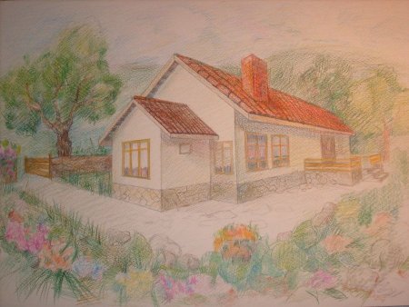Нарисовать дом цветными карандашами