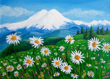 Картина ромашки на фоне гор