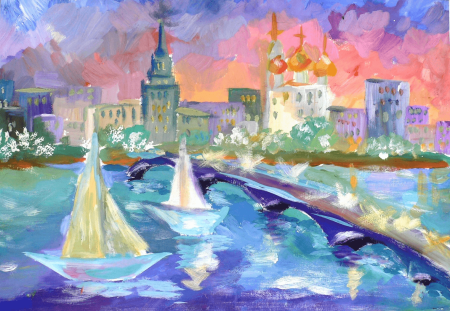 Городской пейзаж Чебоксар акварелью