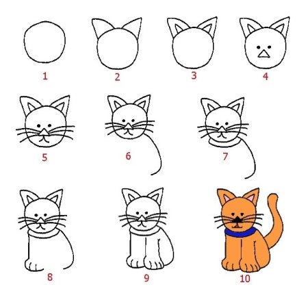 Схема рисования котенка для детей