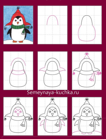Поэтапные рисунки пингвина новогоднего