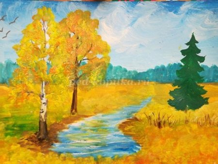 Рисование осени озеро