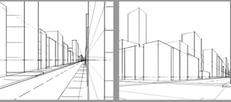 Город в перспективе с 1 точкой схода
