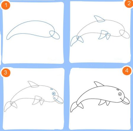 Поэтапный рисунок дельфина для детей
