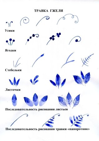 Элементы гжельской росписи поэтапно