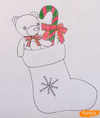 Поэтапное рисование новогоднего носка