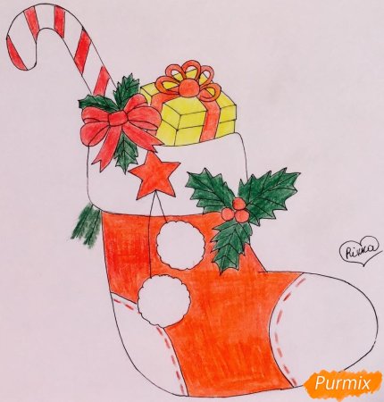 Поэтапное рисование новогодний носок