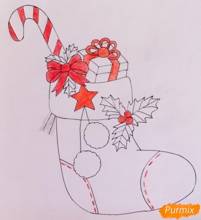 Новогодний носок для подарков карандашом