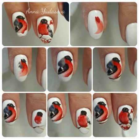 Снегирь на ногтях