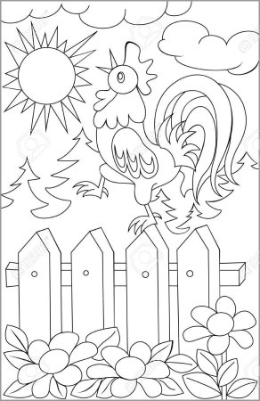 Петух на заборе раскраска