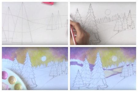 Зимний пейзаж поэтапное рисование