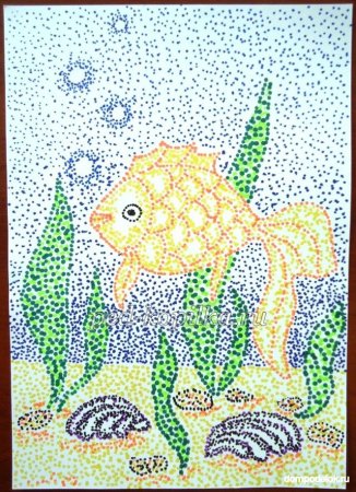 Пуантилизм техника рисования для детей Золотая рыбка