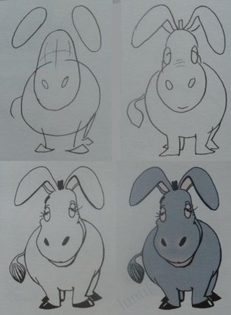 Поэтапное рисование ослика для детей