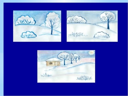 Этапы рисования зимнего пейзажа